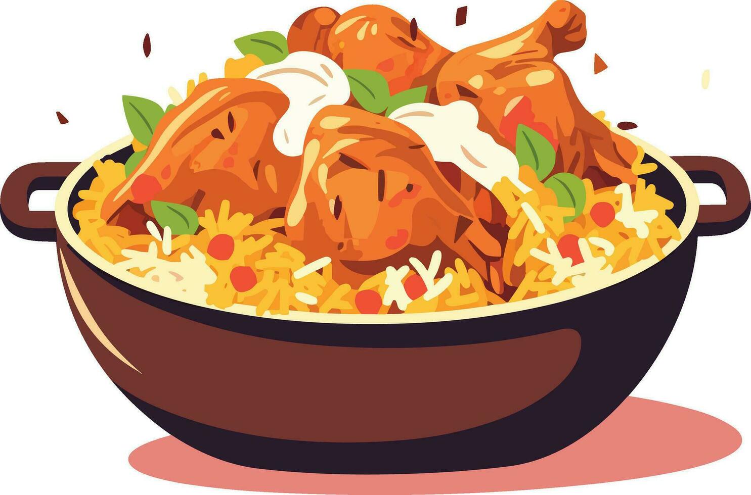 hot and spicy chicken biryani with roasted pieces and lemon illustration on isolated white background vector