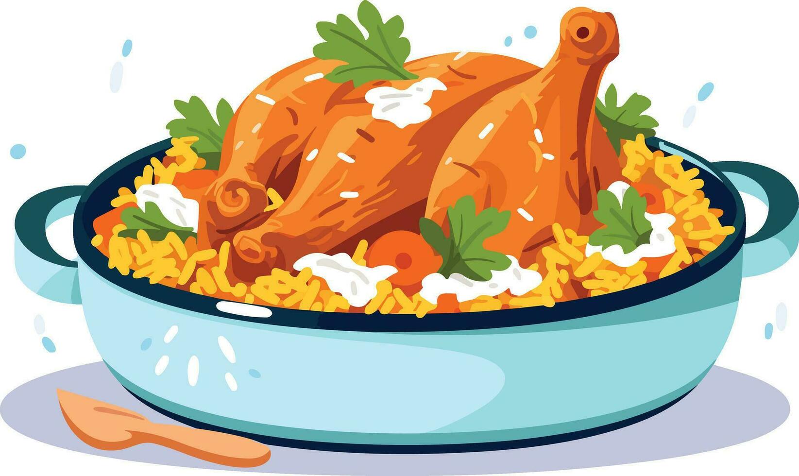 caliente y picante pollo Biryani con asado piezas y limón ilustración en aislado blanco antecedentes vector