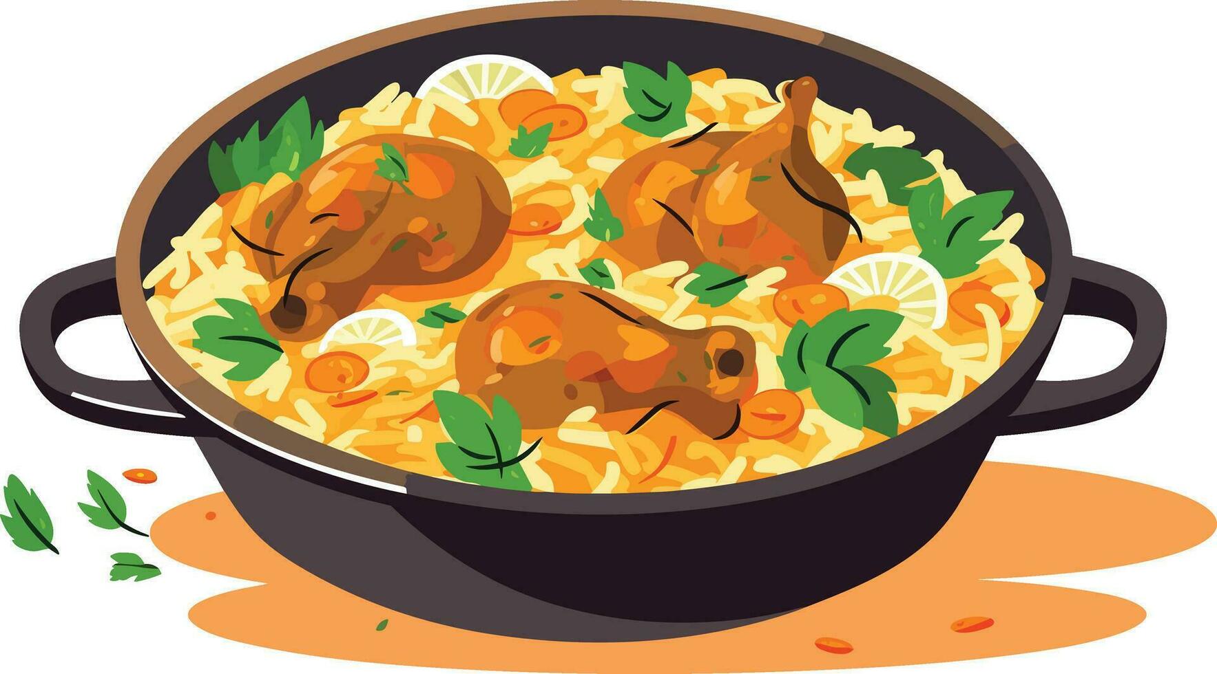 hot and spicy chicken biryani with roasted pieces and lemon illustration on isolated white background vector