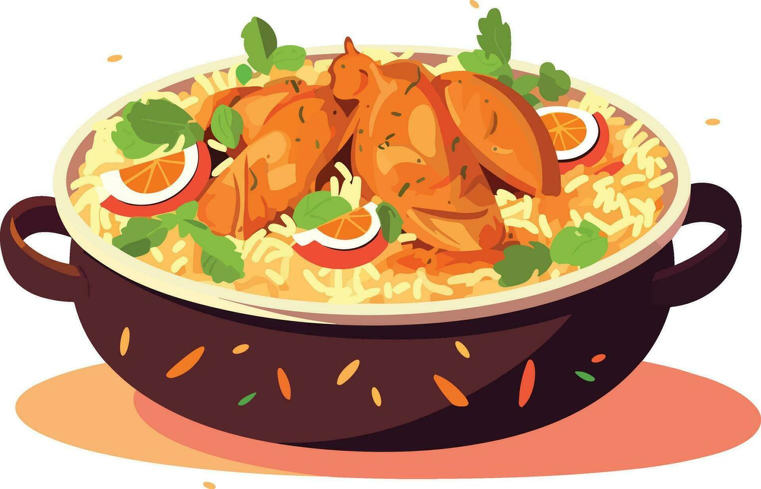 hot and spicy chicken biryani with roasted pieces and lemon illustration on isolated white background vector