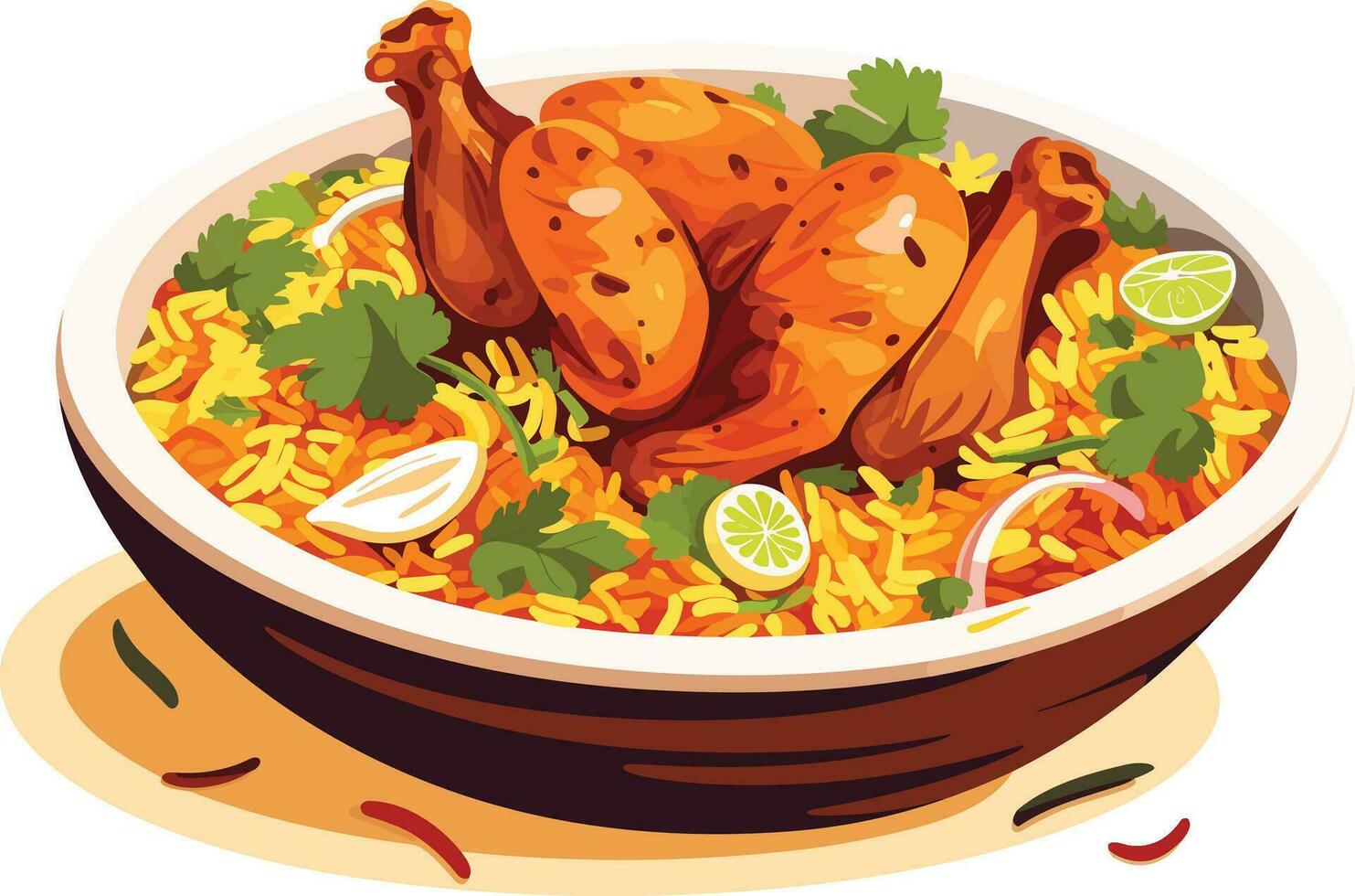 hot and spicy chicken biryani with roasted pieces and lemon illustration on isolated white background vector