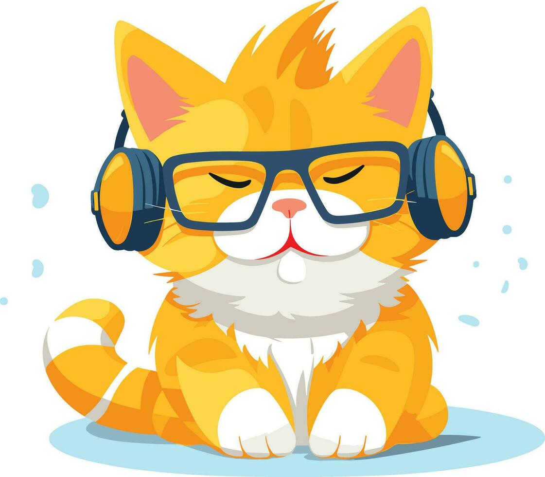 cat listening music illustration, cat with headphones and cooling glasses illustration vector