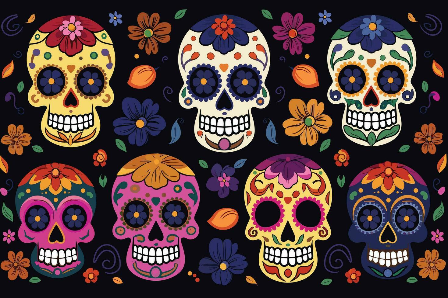 sugar skulls pattern vector illustration on isolated dark background