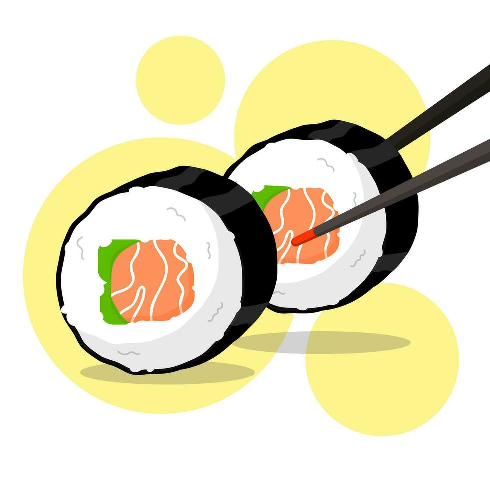 Flat design illustration of salmon sushi roll on with avocado grab with chopstick. Perfect use for restaurant menu vector