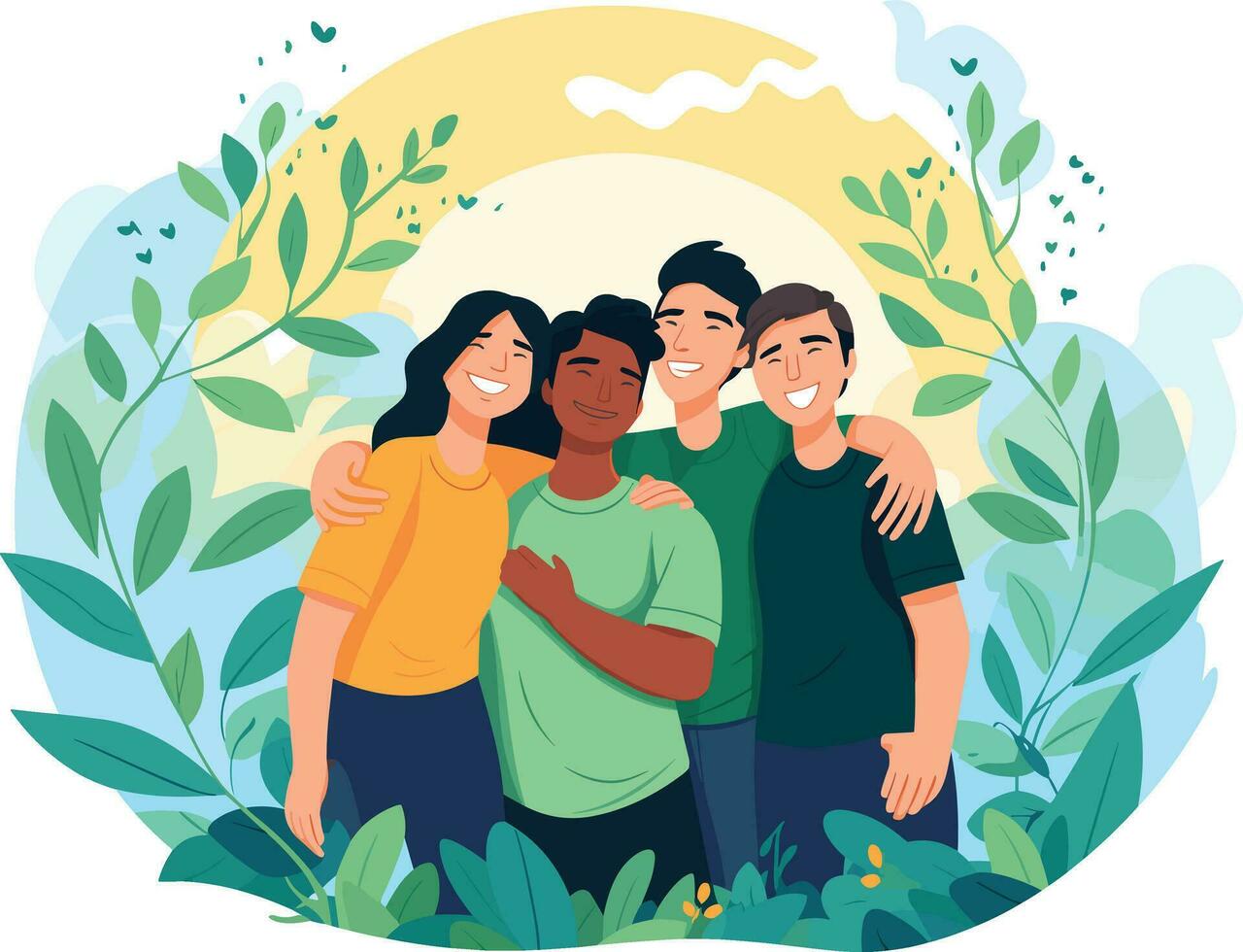 group of friends enjoying in the forest illustration, friendship day banner, happy friendship day illustration vector
