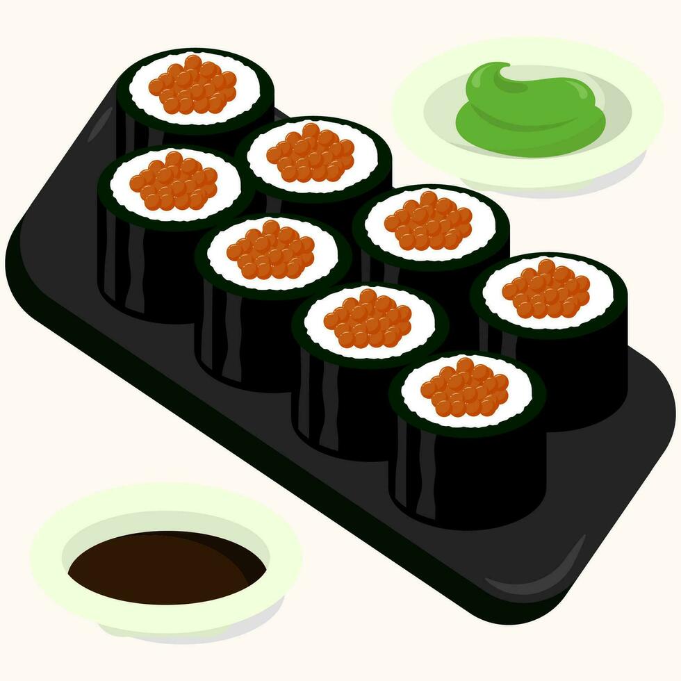 Flat design illustration of sushi roll with caviar on a black plate. Perfect use for restaurant menu vector