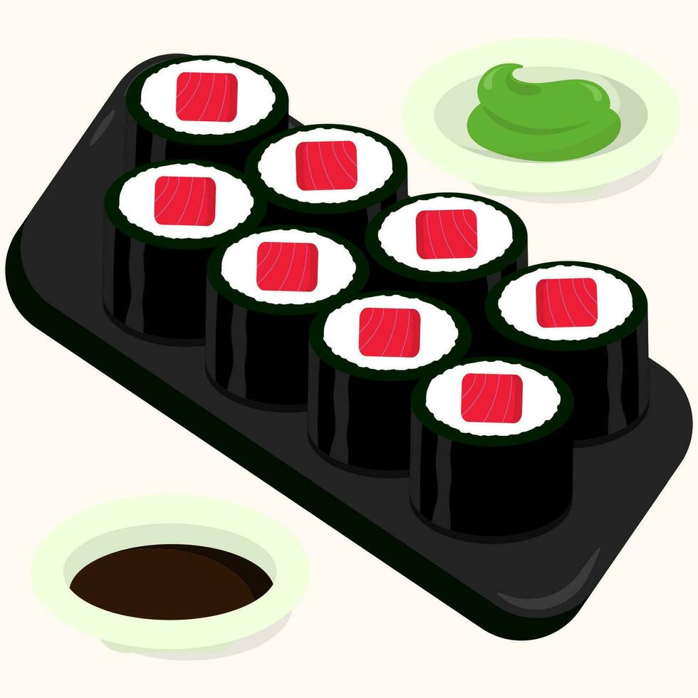 Flat design illustration of tuna sushi roll on a black plate. Perfect use for restaurant menu vector