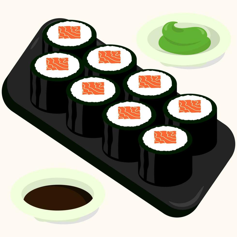 Flat design illustration of salmon sushi roll on a black plate. Perfect use for restaurant menu vector