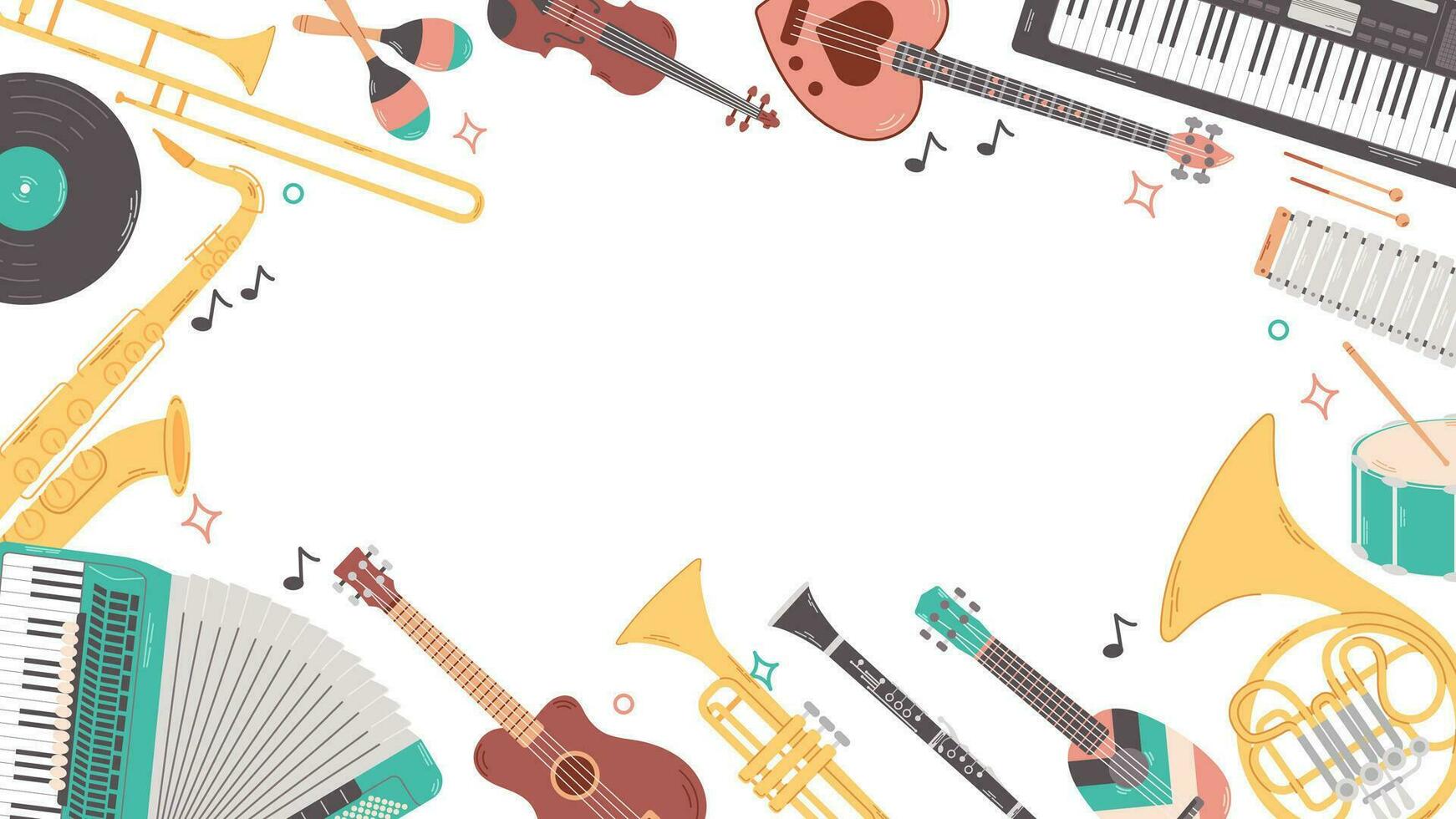 Background of colorful various musical instruments with place for text useful to use for events, promo banner, sales. Strings, percussion, wind musics instrument. Flat cartoon vector illustration.