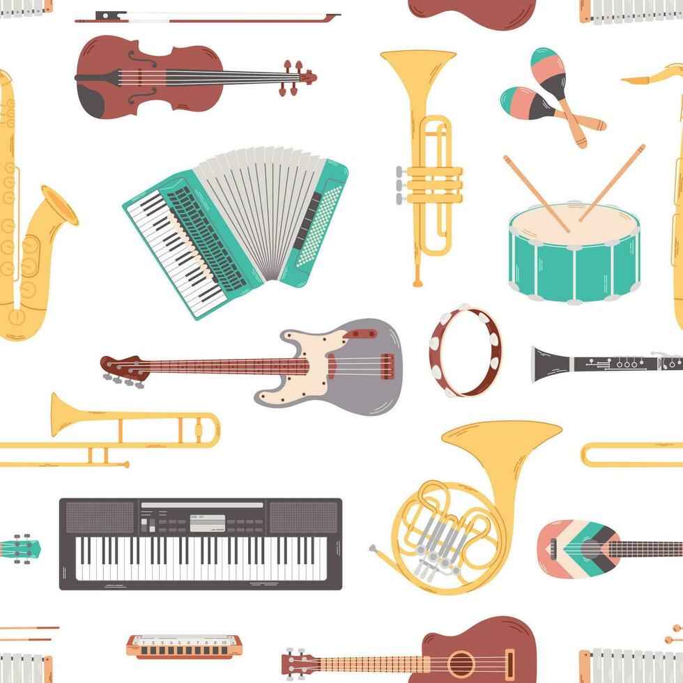 Seamless pattern with different music instruments on white background. Colored flat vector illustration.