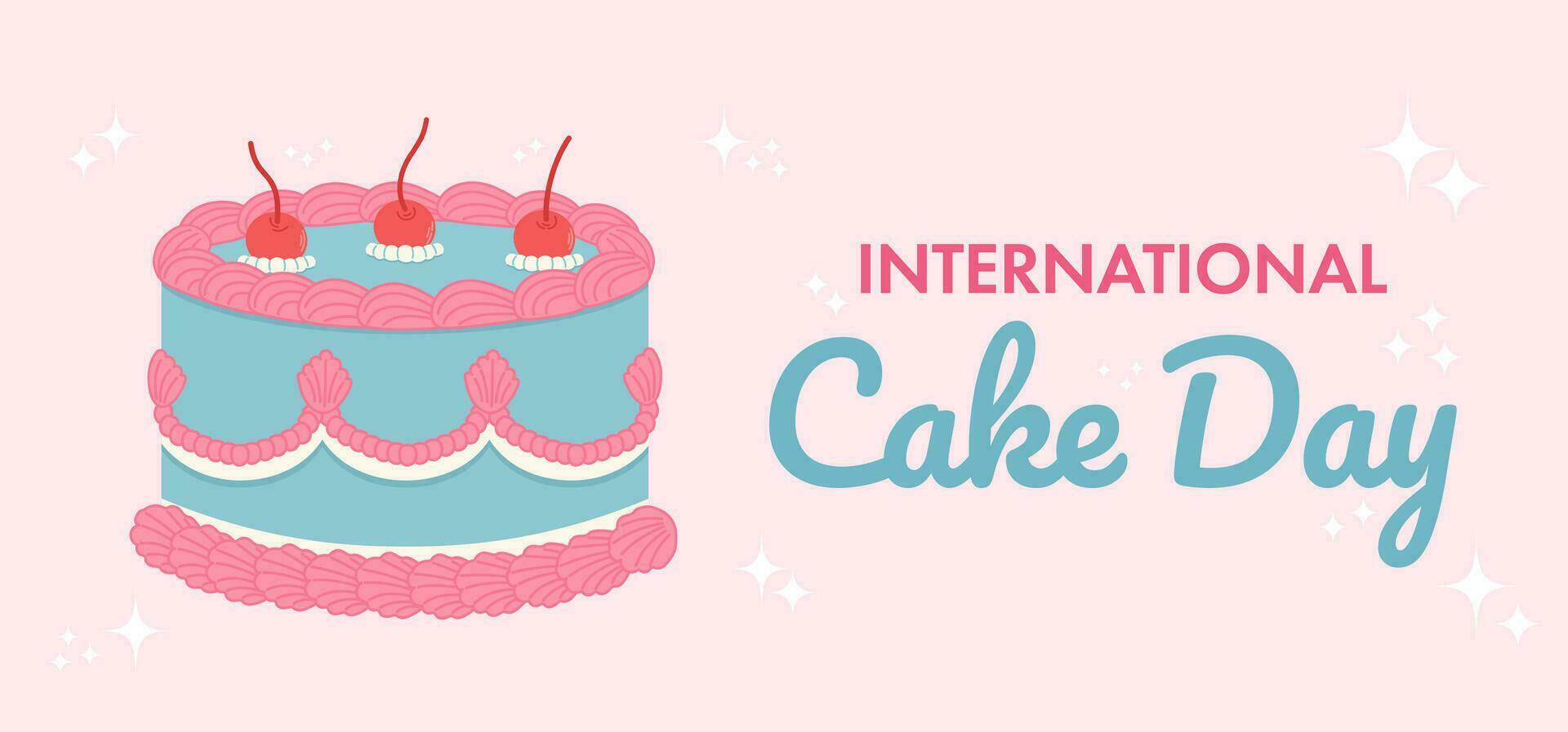 Flat International Cake Day background with retro style cake. July 20. Hand drawn trendy cake with cherry and cream. vector