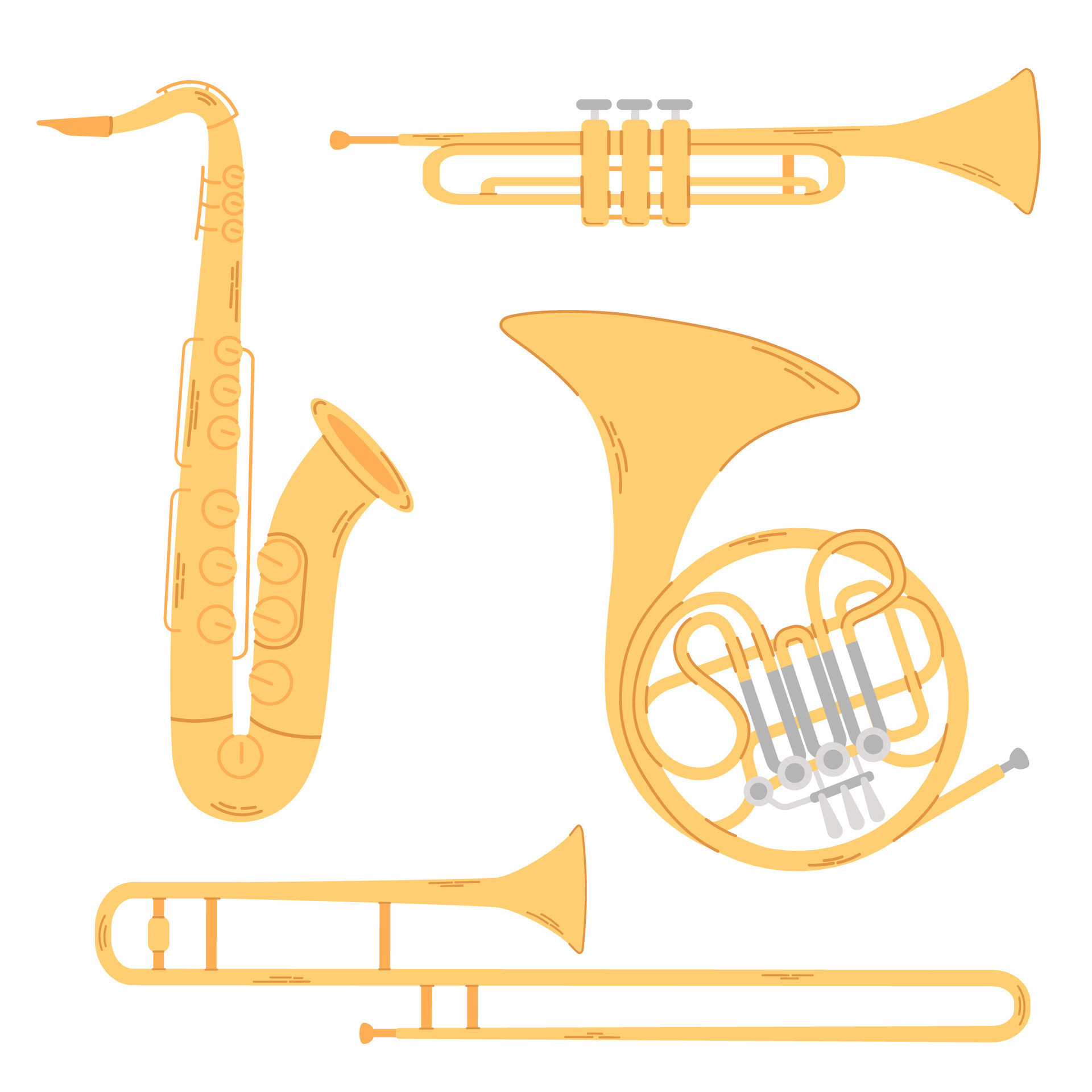 Various gold brass woodwind music instrument isolated on white