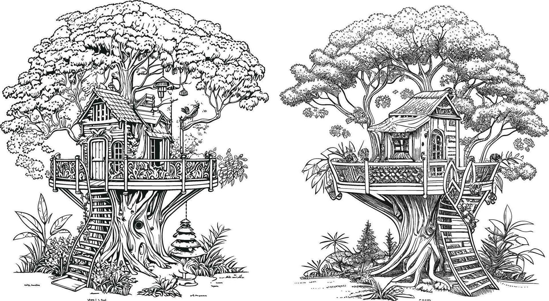 Cute and Funny Treehouse Coloring Page vector