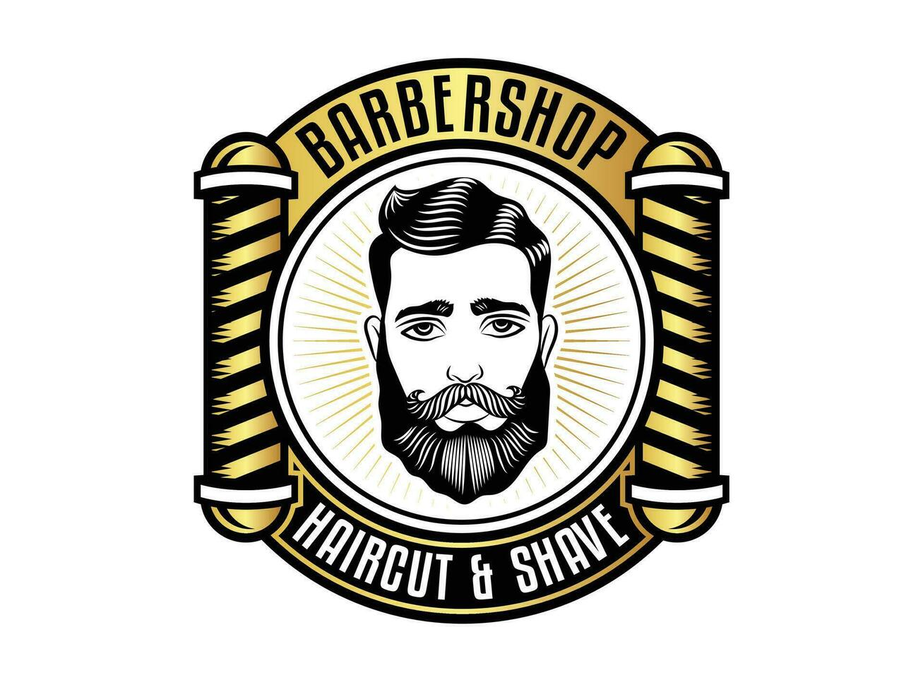 barbershop pole badge logo design icon, gold, white and brown ornamental hipster Vintage retro classic Victorian style barber face men salon logo vector