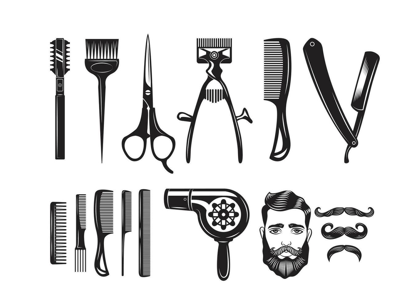 barbería equipo, herramientas, productos cosméticos íconos en blanco antecedentes. Barbero tienda firmar vector