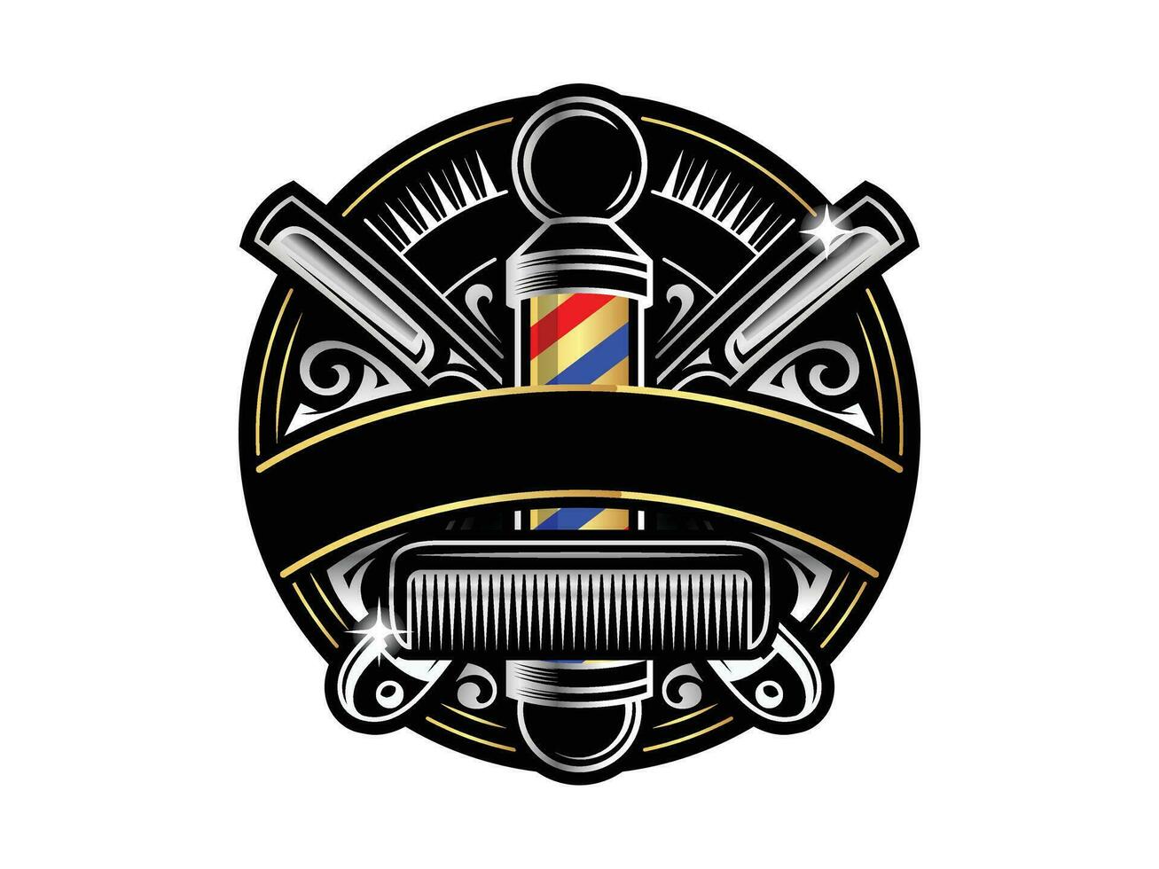 barbershop pole badge logo design icon, gold, white and brown ornamental hipster Vintage retro classic Victorian style barber face men salon logo vector