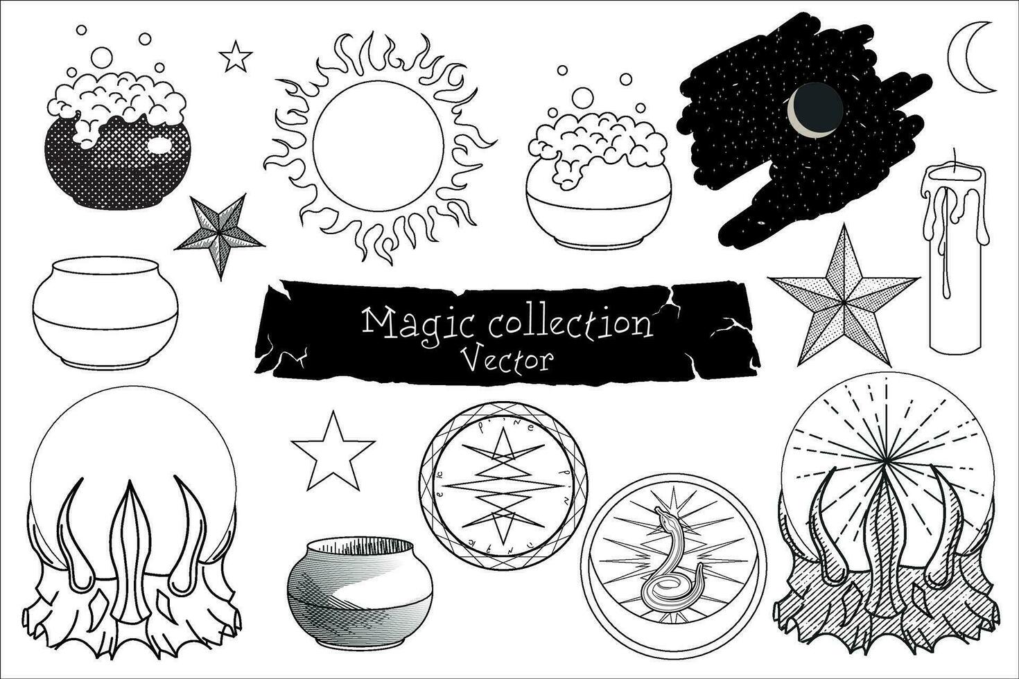 dibujado magia colección clipart en vector. vector