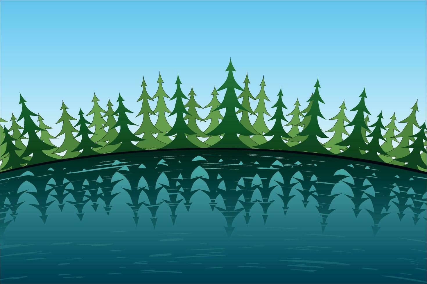 Cartoon forest vector background on a lake. Funny pine trees. Open space. Landscape