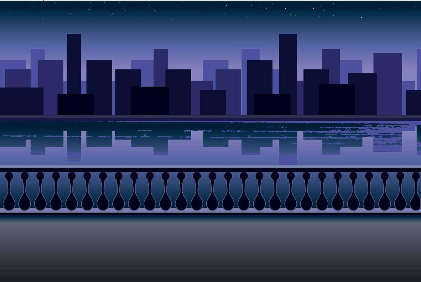 Vector night landscape city, town with river and embankment. Cartoon background