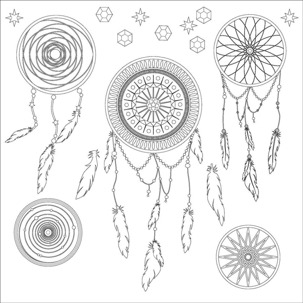 Outline dreamcatchers in vector for colorbook.