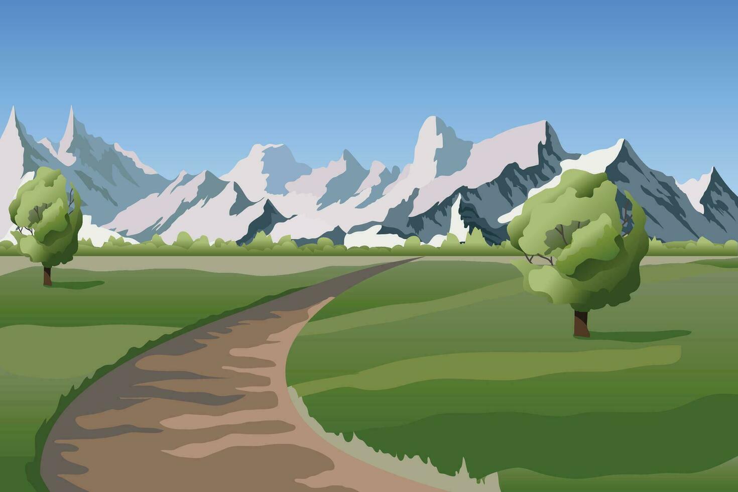 vector antecedentes. montaña paisaje con la carretera y árbol. verde campo