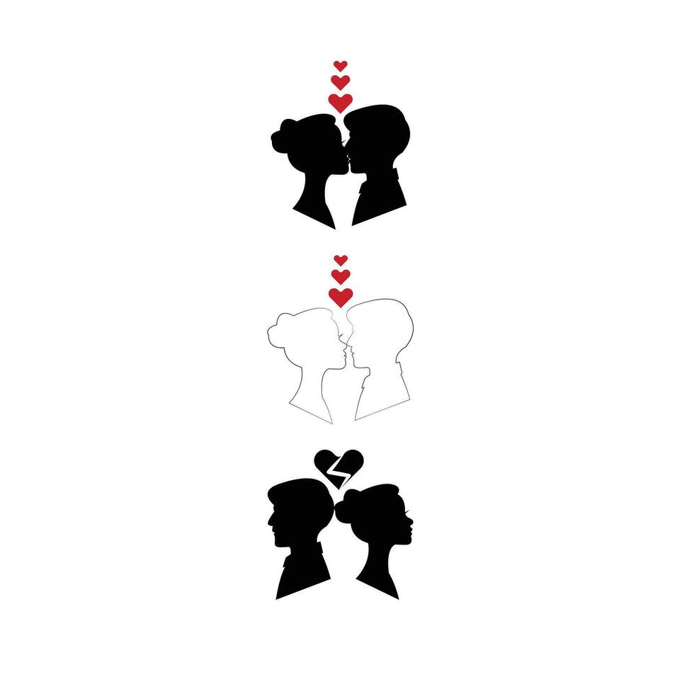 Man and Woman silhouettes in love on white background. Black line faces profiles. Vector illustration