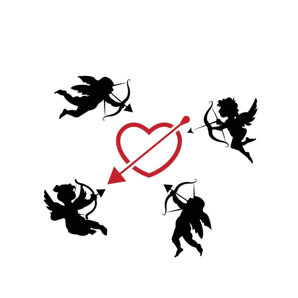 Cupido icono colocar. amor y San Valentín día símbolo. Cupido disparo flecha. aislado vector negro silueta imagen