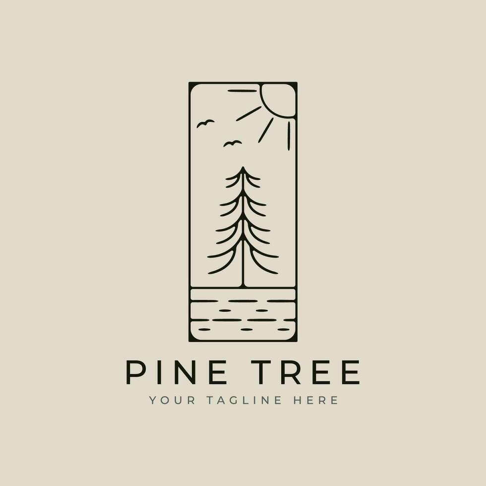 pines tree vector logo icon and symbol template illustration graphic design with sun burst and bird minimalist line art style design.