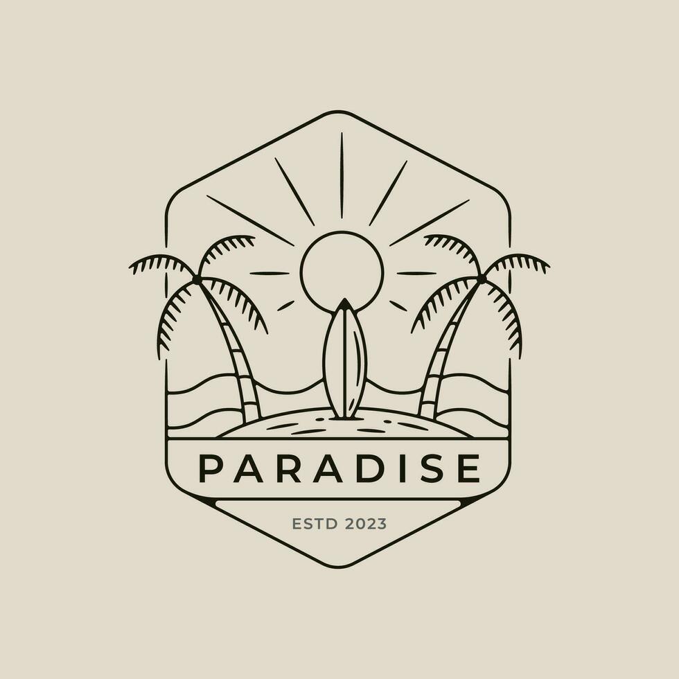 paradise beach  line art logo design with surf board and sun burst minimalist style logo vector illustration design.