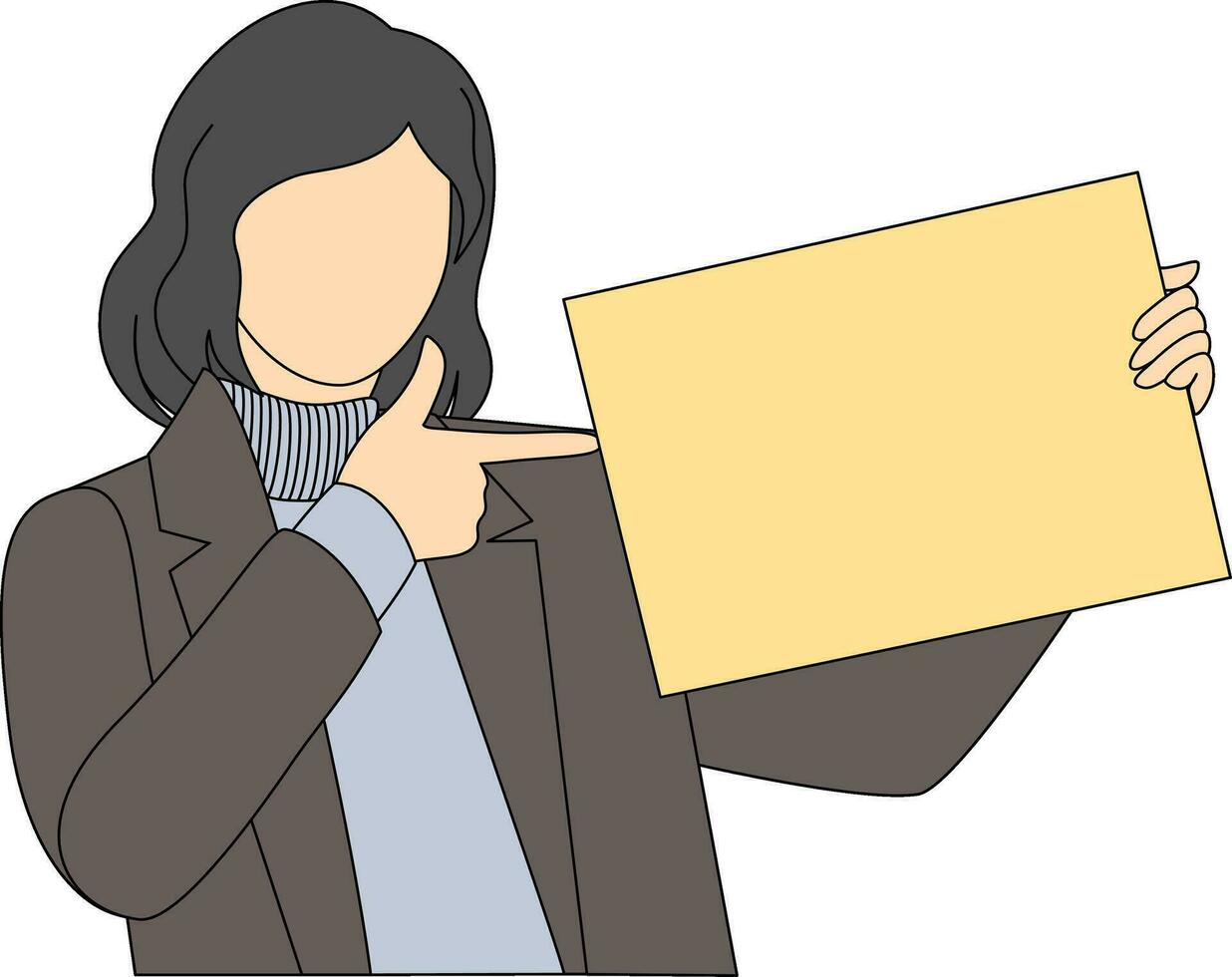 One business woman in suit is pointing at blank yellow advertising board. vector