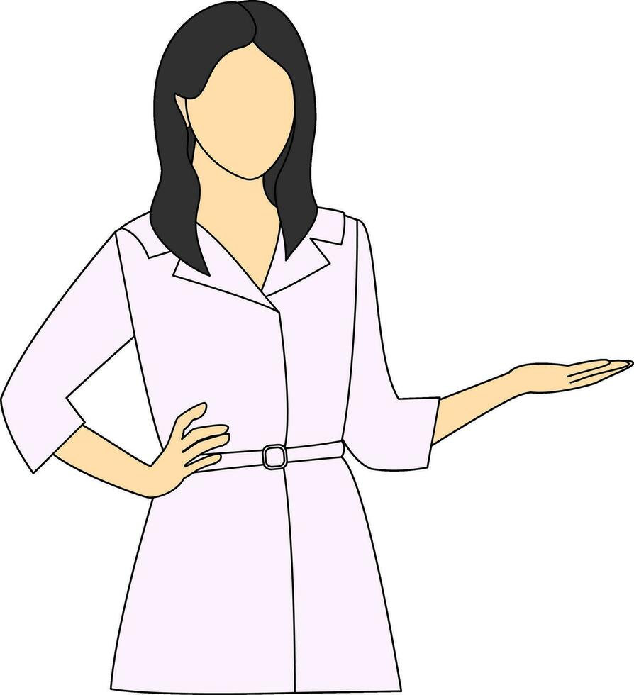 A young lady in suit holding her right hand on a waist and presenting and showing empty copy space on open left hand palm for text, product. Proposing good product. Gesturing for advertisement. vector