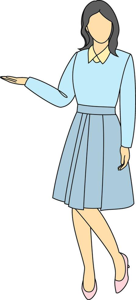 A young lady standing and showing empty copy space on open right hand palm for text, product. Proposing good product. Gesturing for advertisement. vector