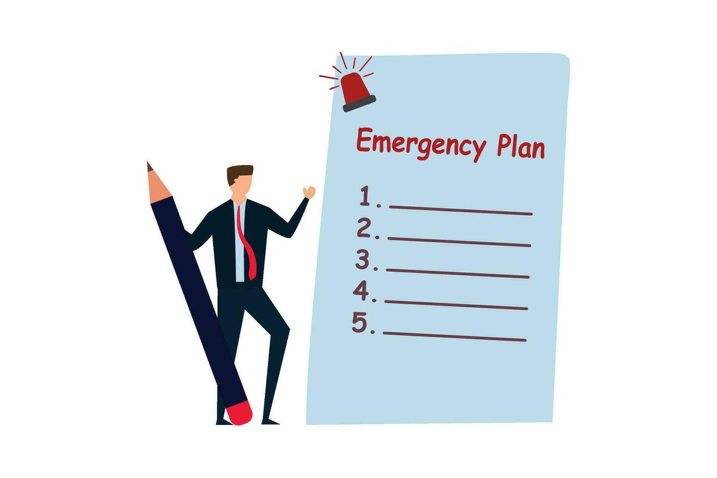 Plan for a business emergency. Leader of a clever business holding a pencil and a piece of paper with an emergency plan flashing siren. vector