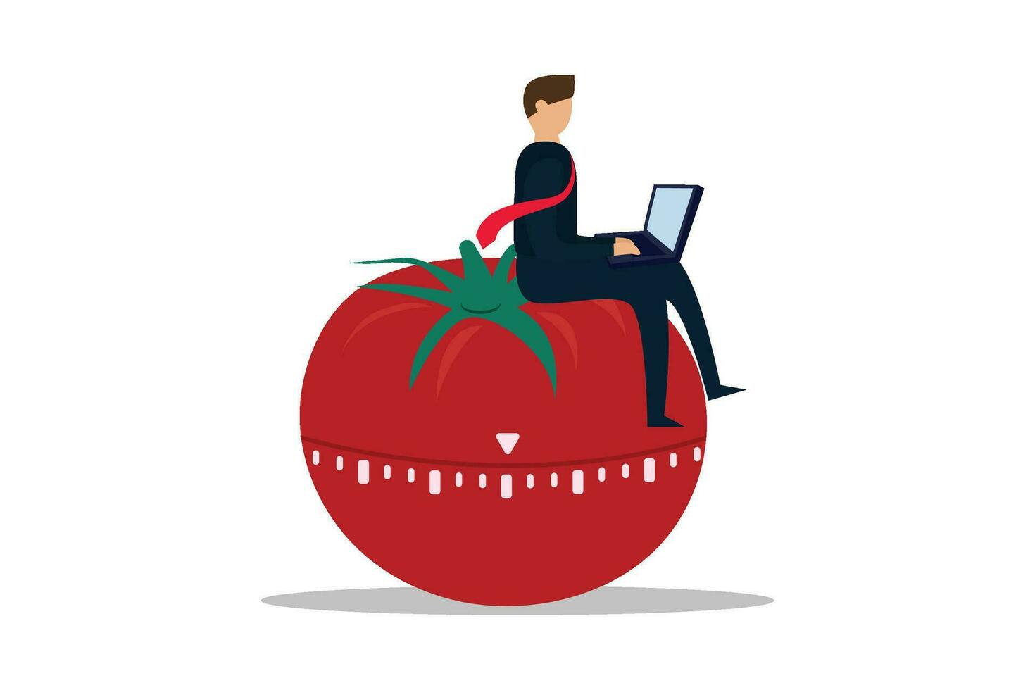 To boost work productivity, use the Pomodoro technique. A businessman concentrates on his laptop computer while sitting on a Pomodoro tomato timing stopwatch. vector