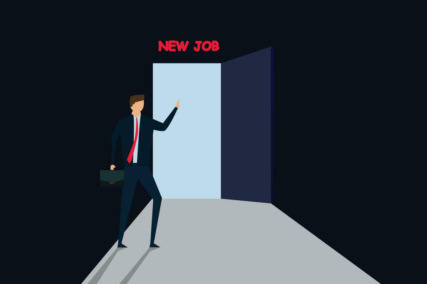 A new job challenge has arisen. Businessman considers and decides to leave bright future opening door with sign on top as New Job. vector