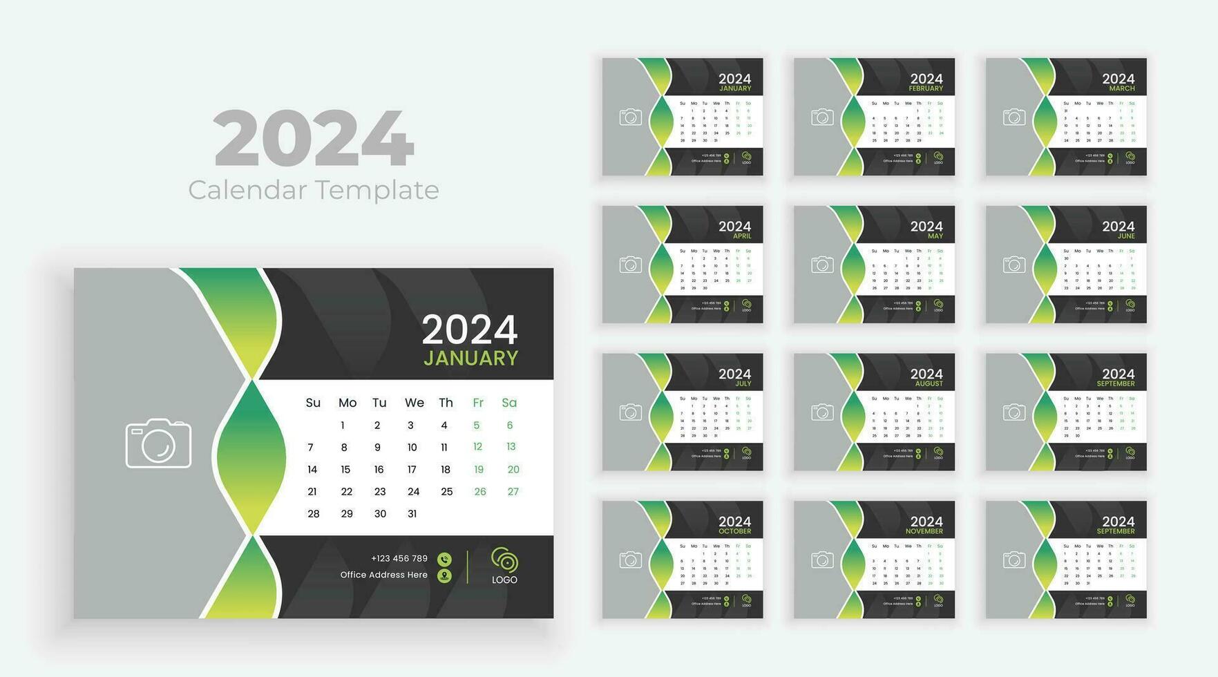 Calendar 2024 planner corporate template design set. Week starts from Sunday, business template vector