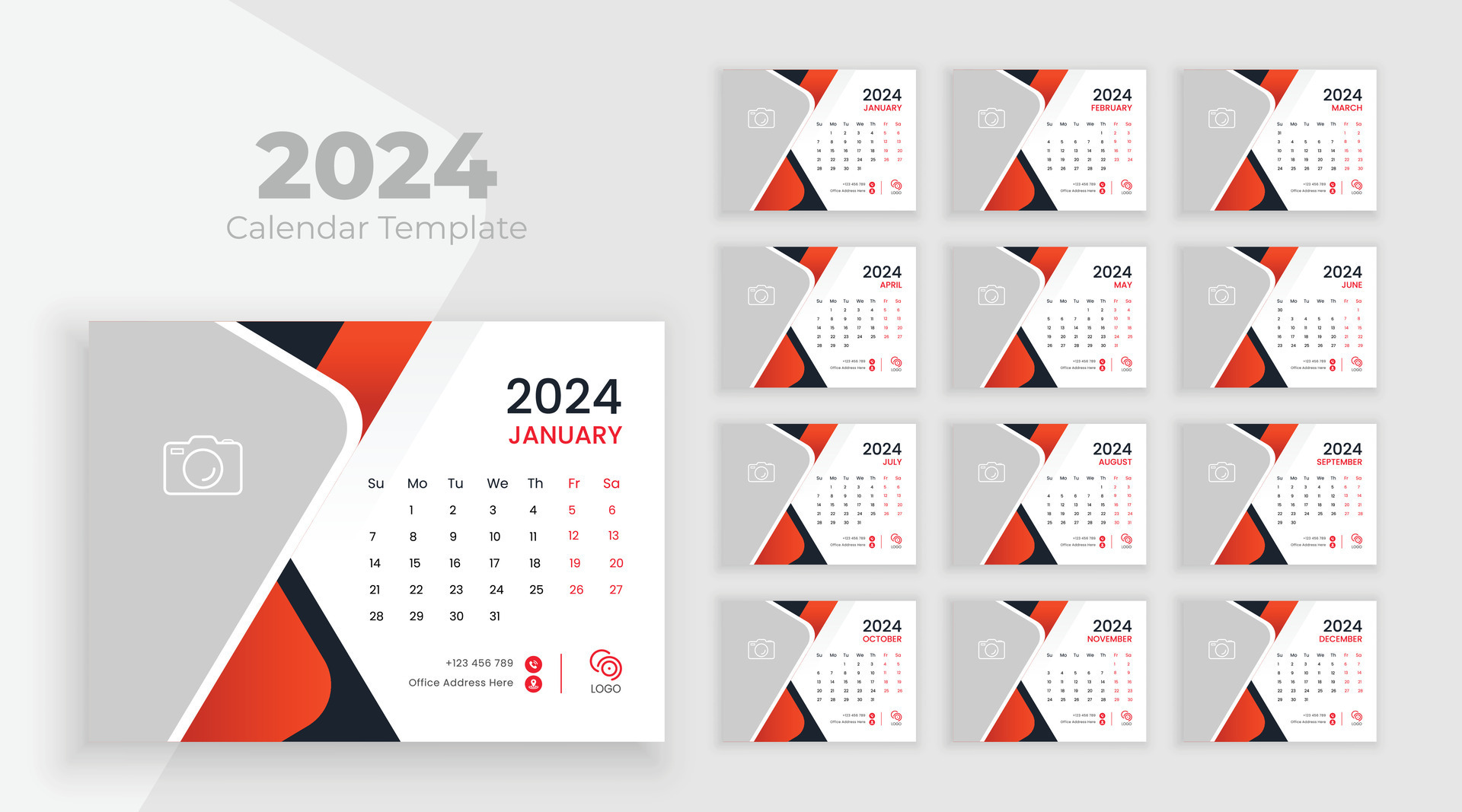 Calendar 2024 planner corporate template design set. Week starts from