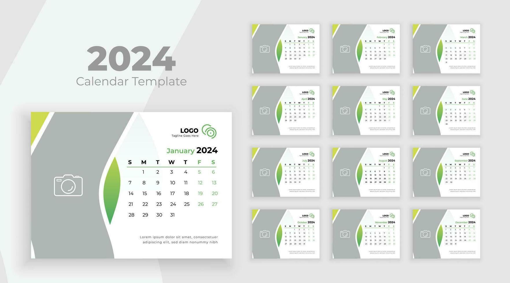 Desk Calendar Template 2024. Week start on Sunday. Minimalist desk calendar 2024 template, planner, Business template vector