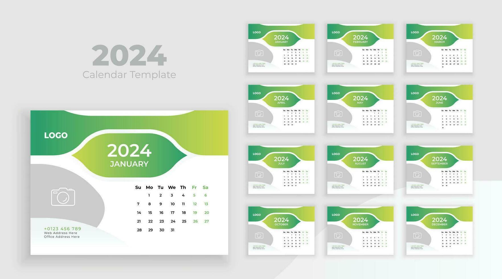 Desk Calendar Template 2024. Week start on Sunday vector