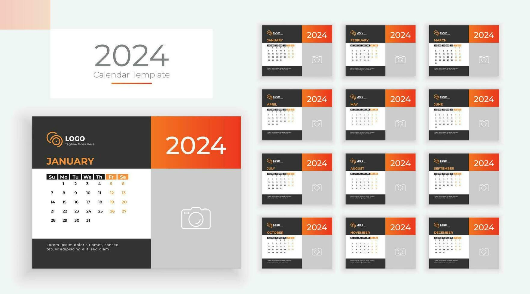 Calendar template for 2024 year. Week starts on Sunday. Calendar 2024 planner corporate template design set vector
