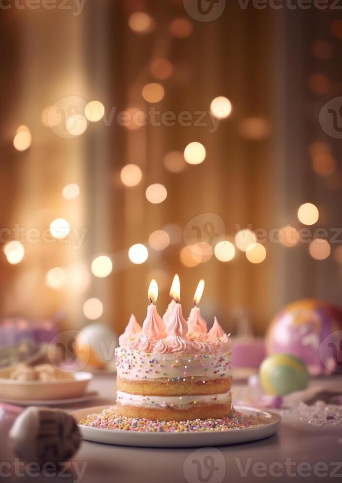 Birthday colorful cake decorated with sweets, Birthday cake with candles, . photo