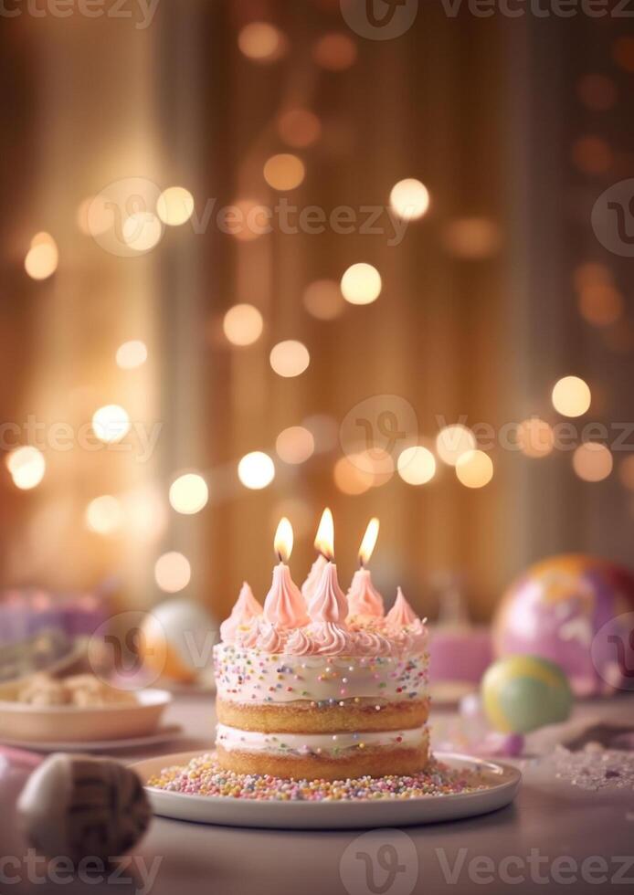 Birthday colorful cake decorated with sweets, Birthday cake with candles, generative ai. photo