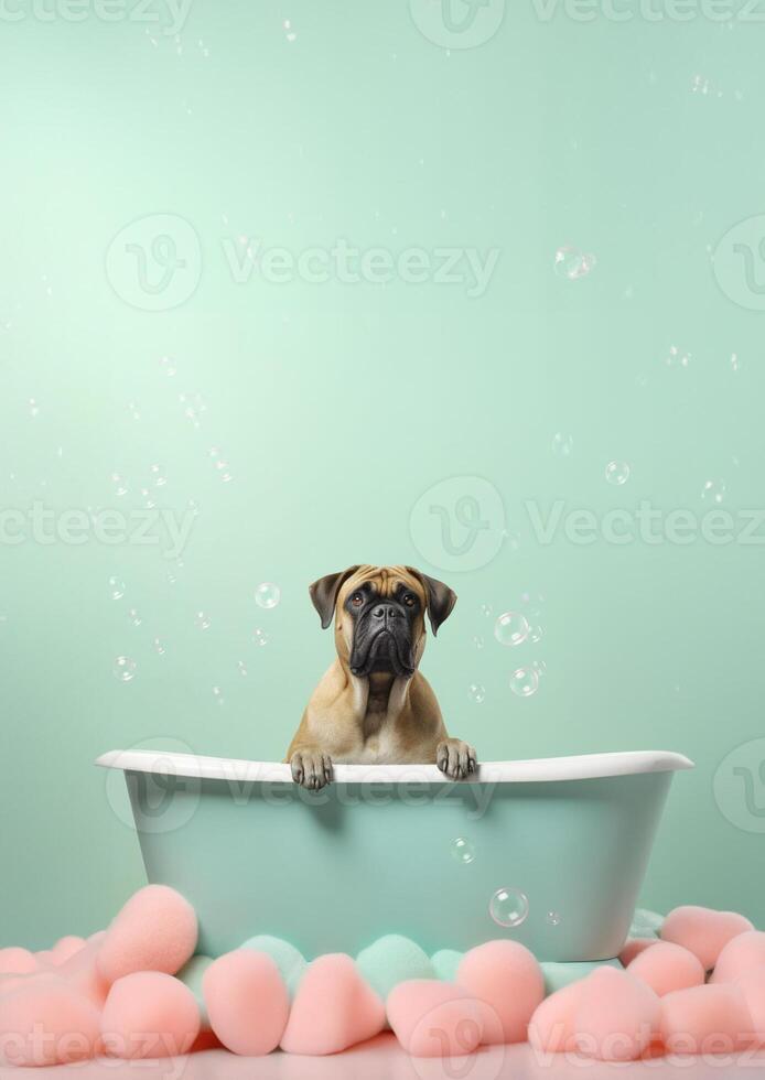 linda bullmastiff perro en un pequeño bañera con jabón espuma y burbujas, linda pastel colores, generativo ai. foto