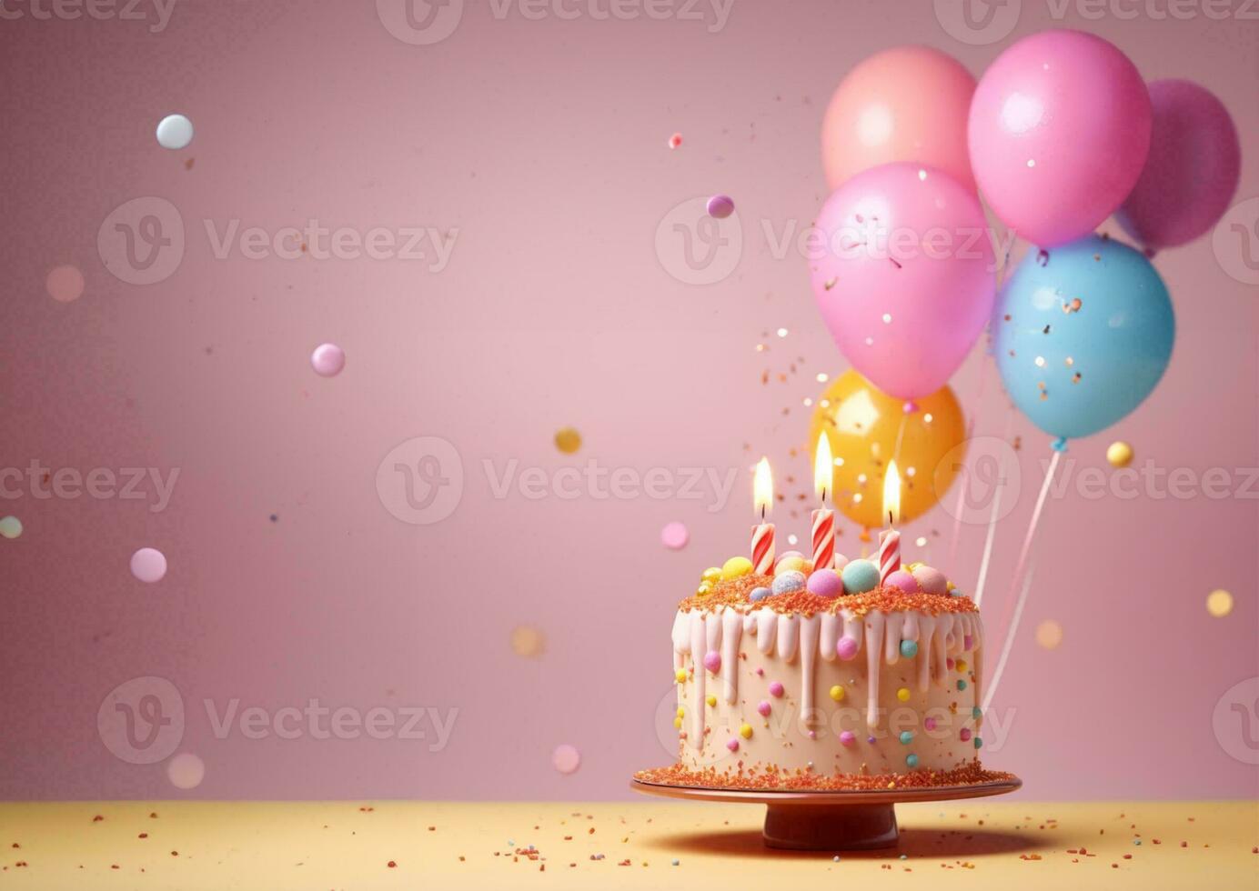 cumpleaños vistoso pastel decorado con dulces, cumpleaños pastel con velas, generativo ai. foto
