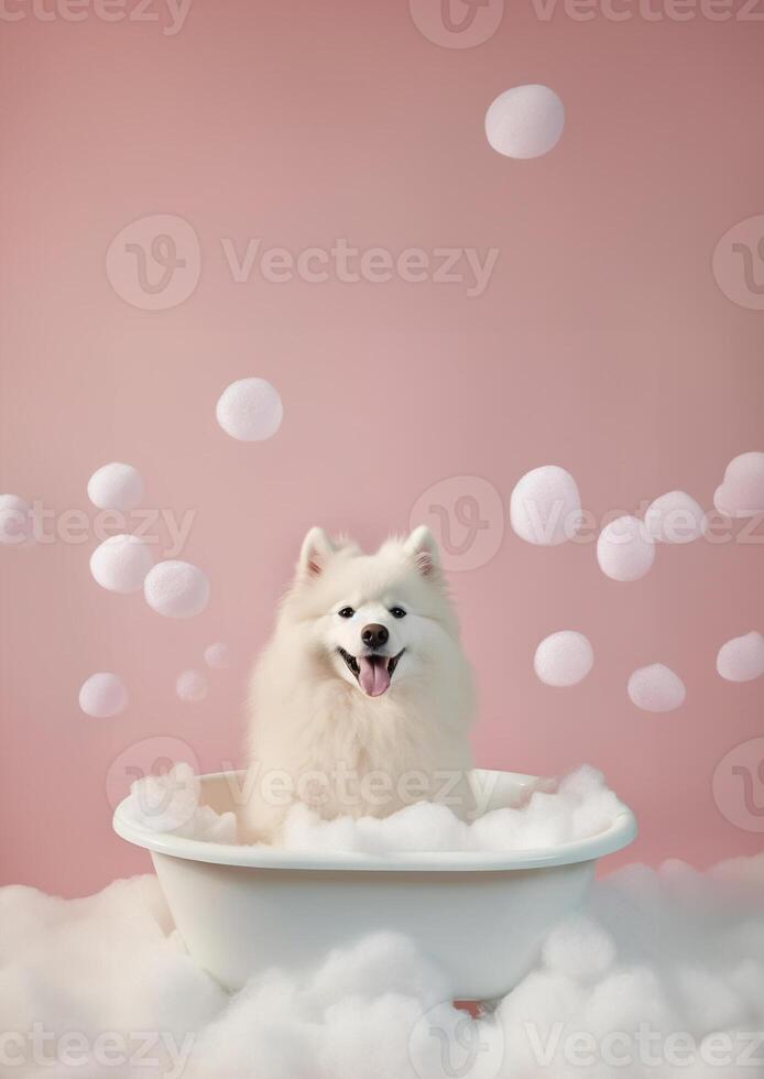 linda americano esquimal perro en un pequeño bañera con jabón espuma y burbujas, linda pastel colores, generativo ai. foto