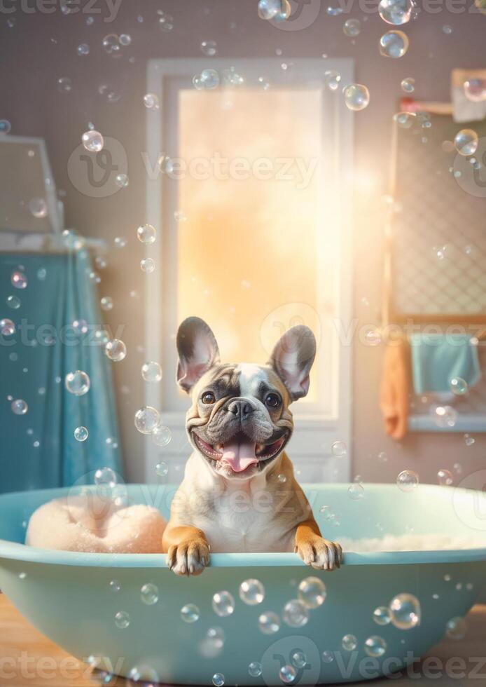 linda francés buldog perro en un pequeño bañera con jabón espuma y burbujas, linda pastel colores, generativo ai. foto