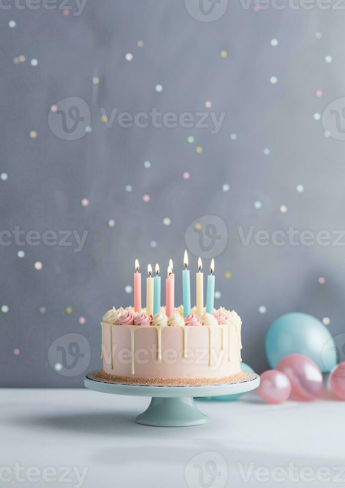 Birthday colorful cake decorated with sweets, Birthday cake with candles, generative ai. photo