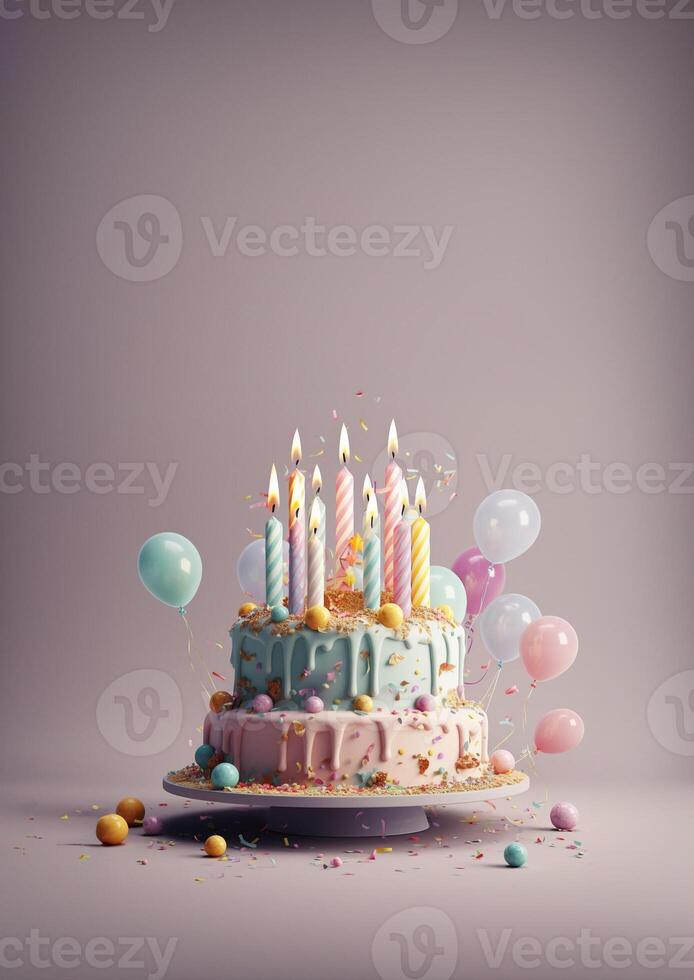 Birthday colorful cake decorated with sweets, Birthday cake with candles, generative ai. photo