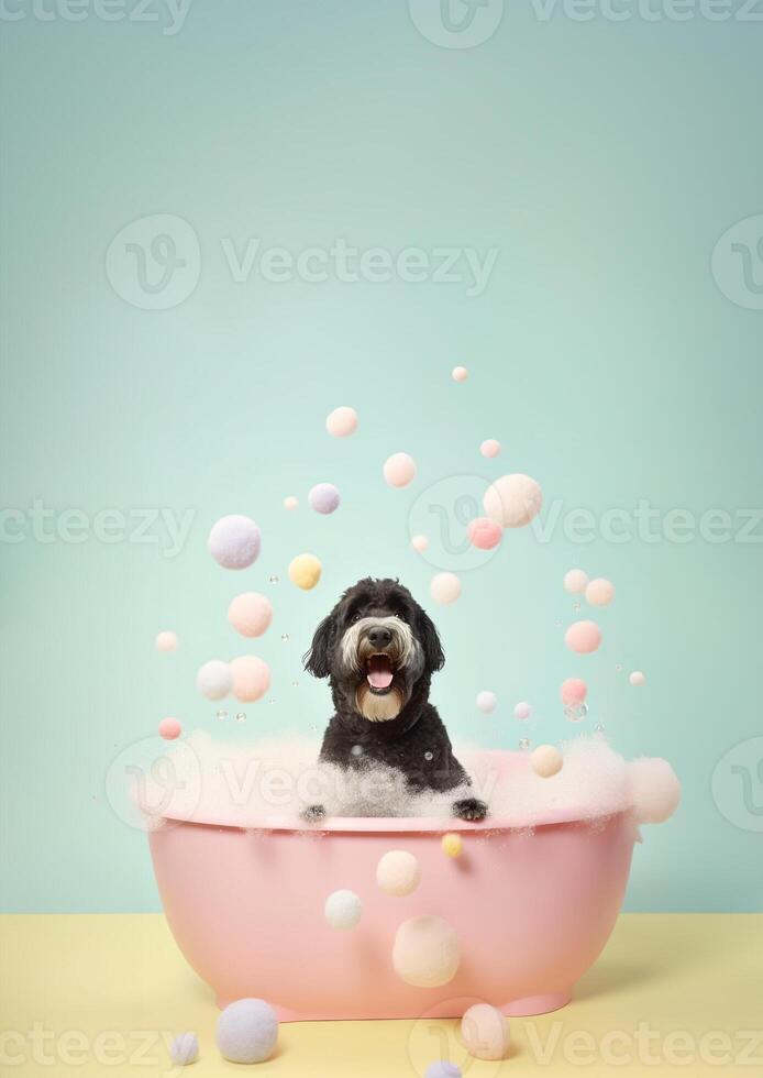 linda negro ruso terrier perro en un pequeño bañera con jabón espuma y burbujas, linda pastel colores, generativo ai. foto