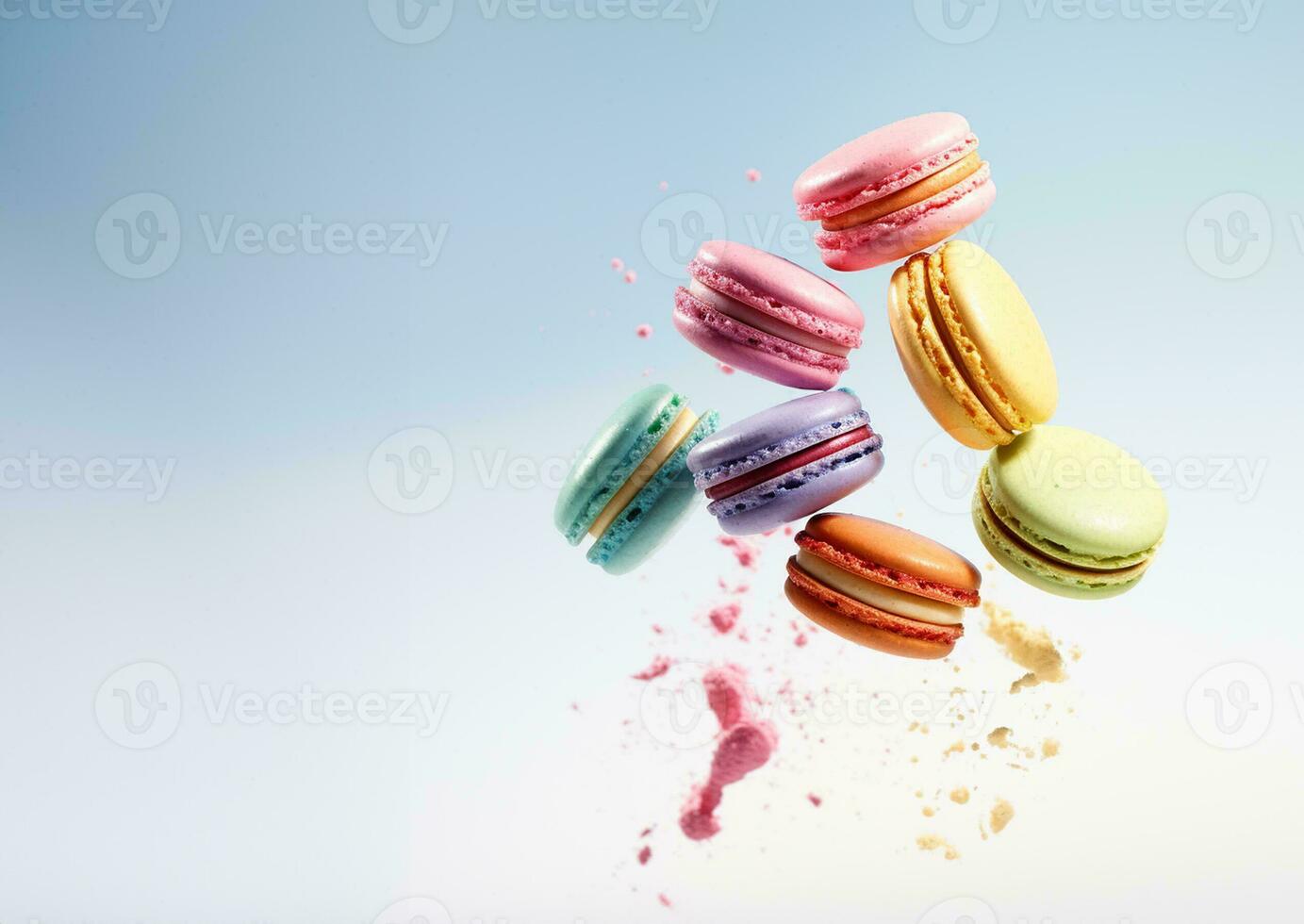 Macaron Dessert. Colorful Macaroons Flying, French macaron cookies, Sweet dessert. photo